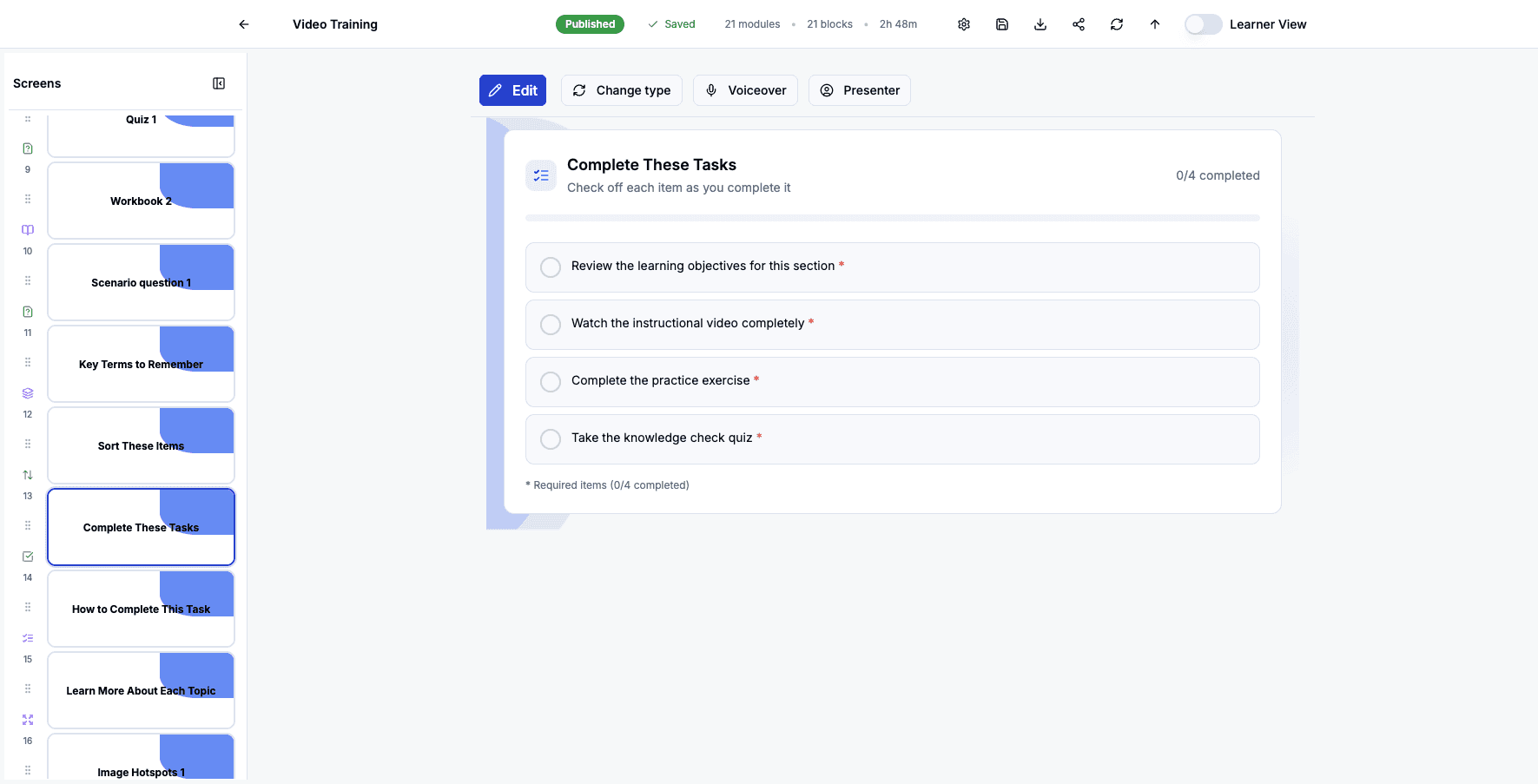 Here you can see a checklist of four required learning tasks to complete, showing 0 out of 4 items currently checked off.