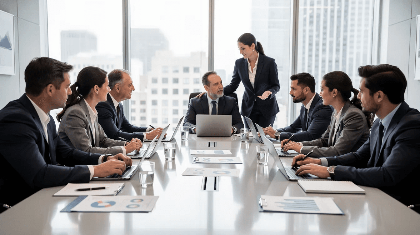 A group of business professionals is engaged in a meeting around a conference table, surrounded by documents and laptops, discussing strategies related to corporate tax compliance and regulations. The atmosphere is focused, highlighting the importance of corporate tax advisory services and the implications of UAE corporate tax law on their business operations.