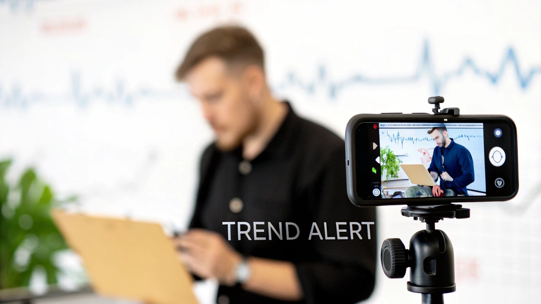 A smartphone on a tripod records a man creating video content on a laptop for social media.
