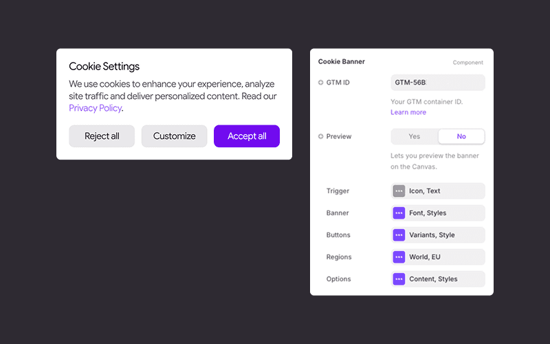 Framer cookie consent banner design and component settings for GTM ID, triggers, and regional compliance.