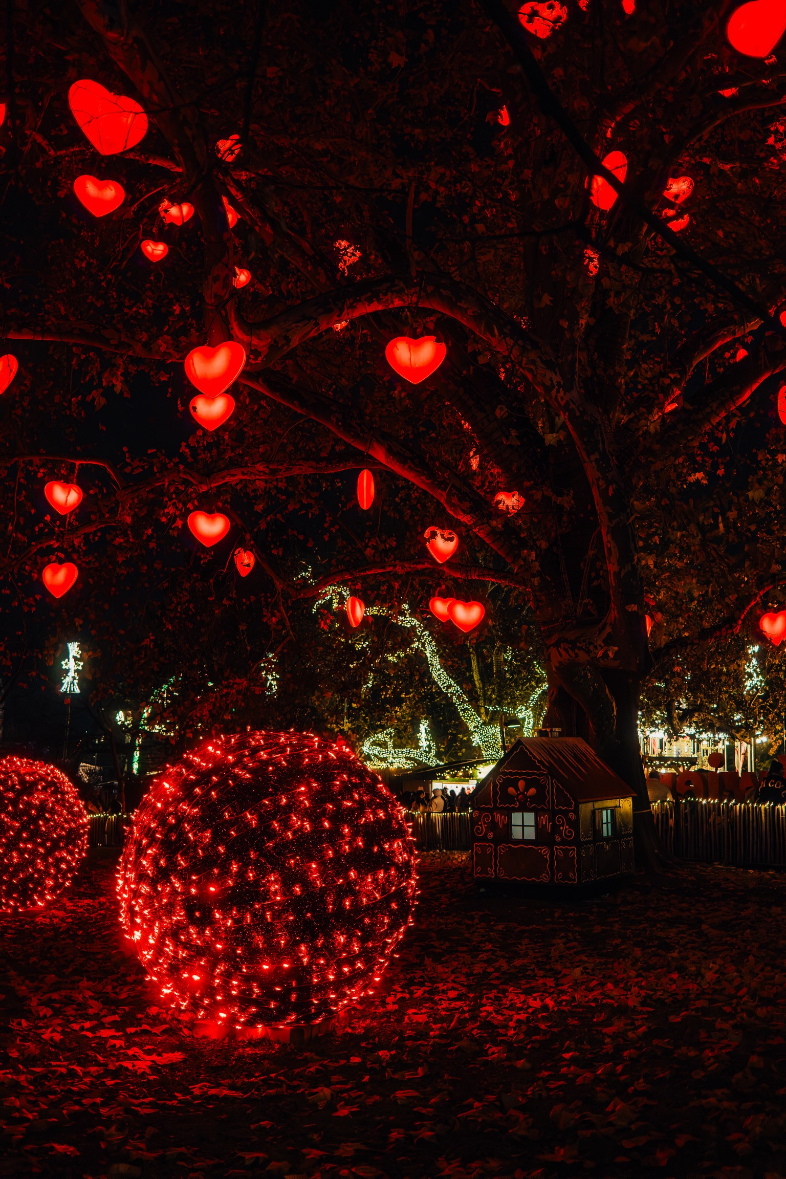 Árbol con corazones rojos iluminados y bolas de luces en un parque de noche