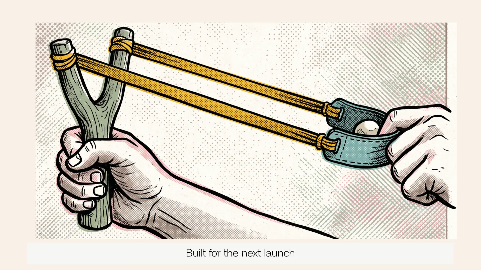 A slingshot pulled back taut, the pouch loaded and ready to release