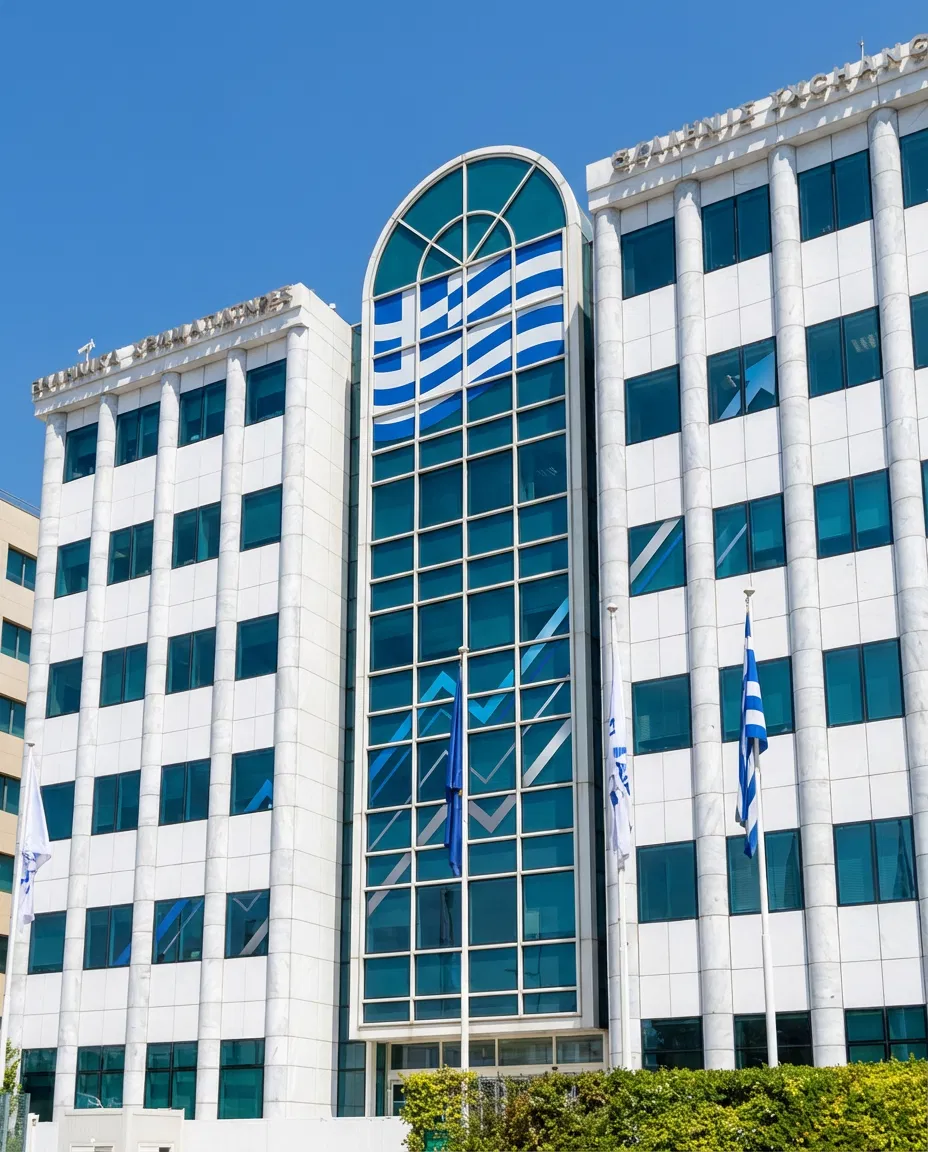 Exterior of the Athens Stock Exchange with symbolic financial elements