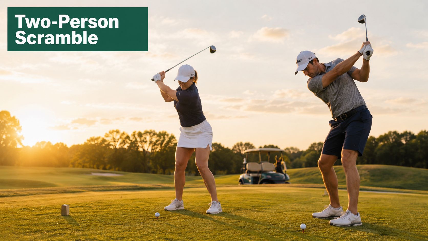 A man and a woman in golf attire swinging their clubs on a green golf course.