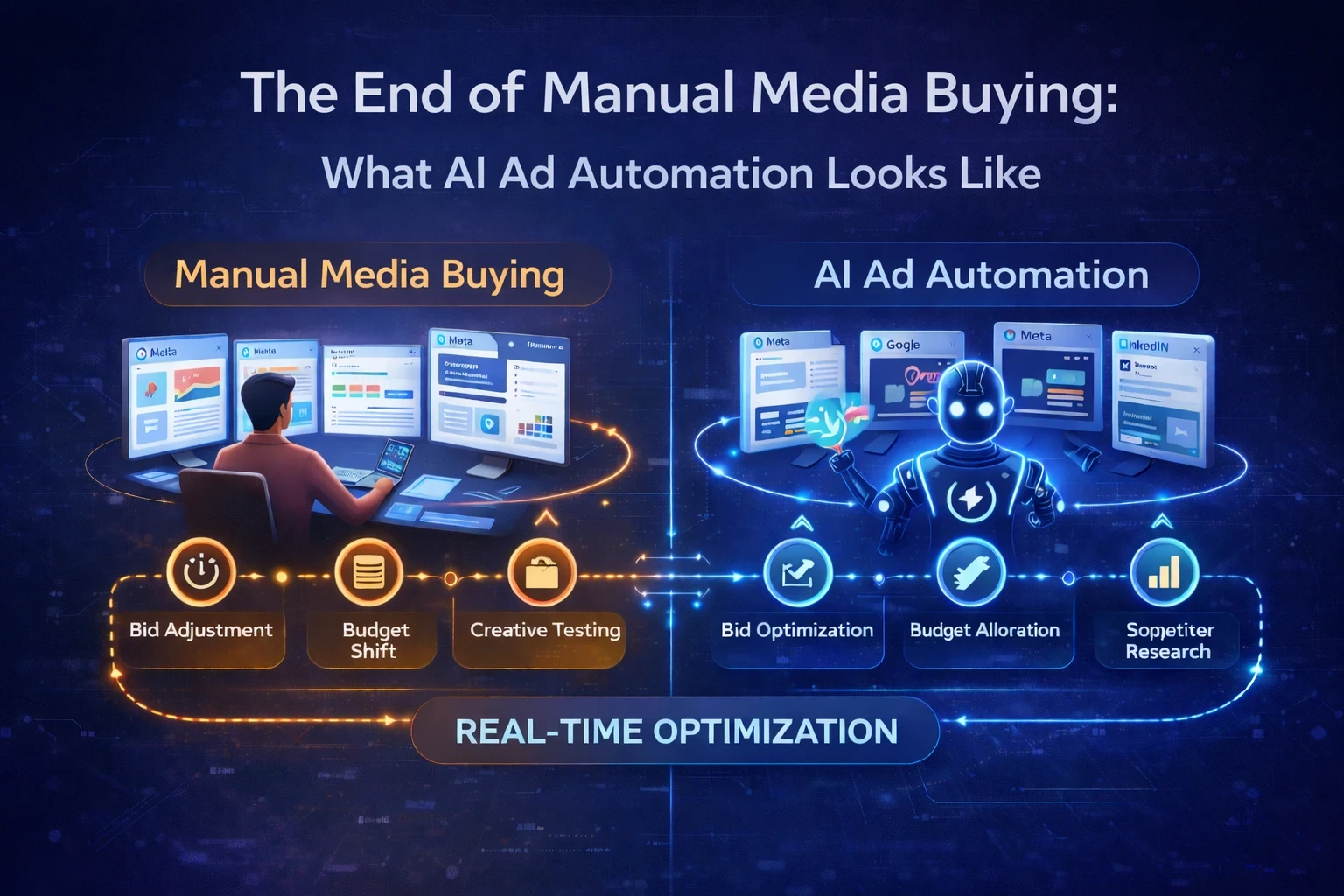 Infographic comparing manual media buying with AI-powered ad automation, showing AI optimizing bids, budgets, creative testing, and reporting in real time.