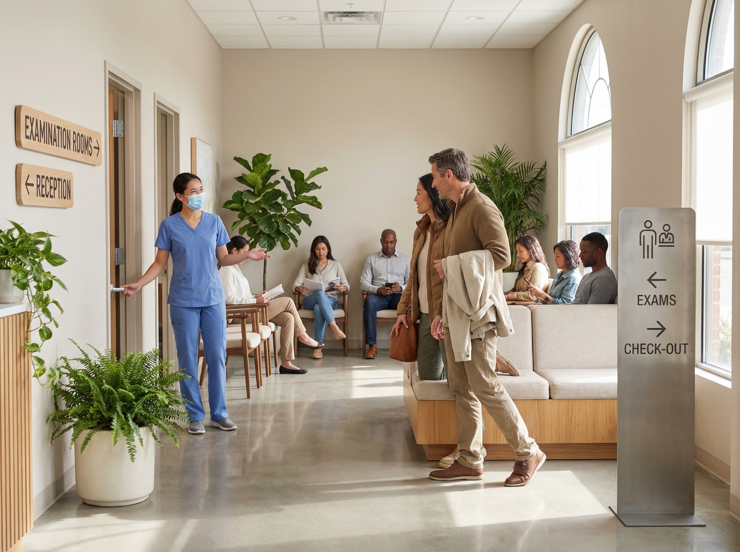 Im Wartebereich öffnet eine MFA eine Tür und ruft den nächsten Patienten freundlich herein. Ein Paar erhebt sich, legt Jacken über den Arm und folgt. Der Raum ist hell, mit Pflanzen und klaren Wegweisern. Der Ablauf wirkt organisiert und transparent.