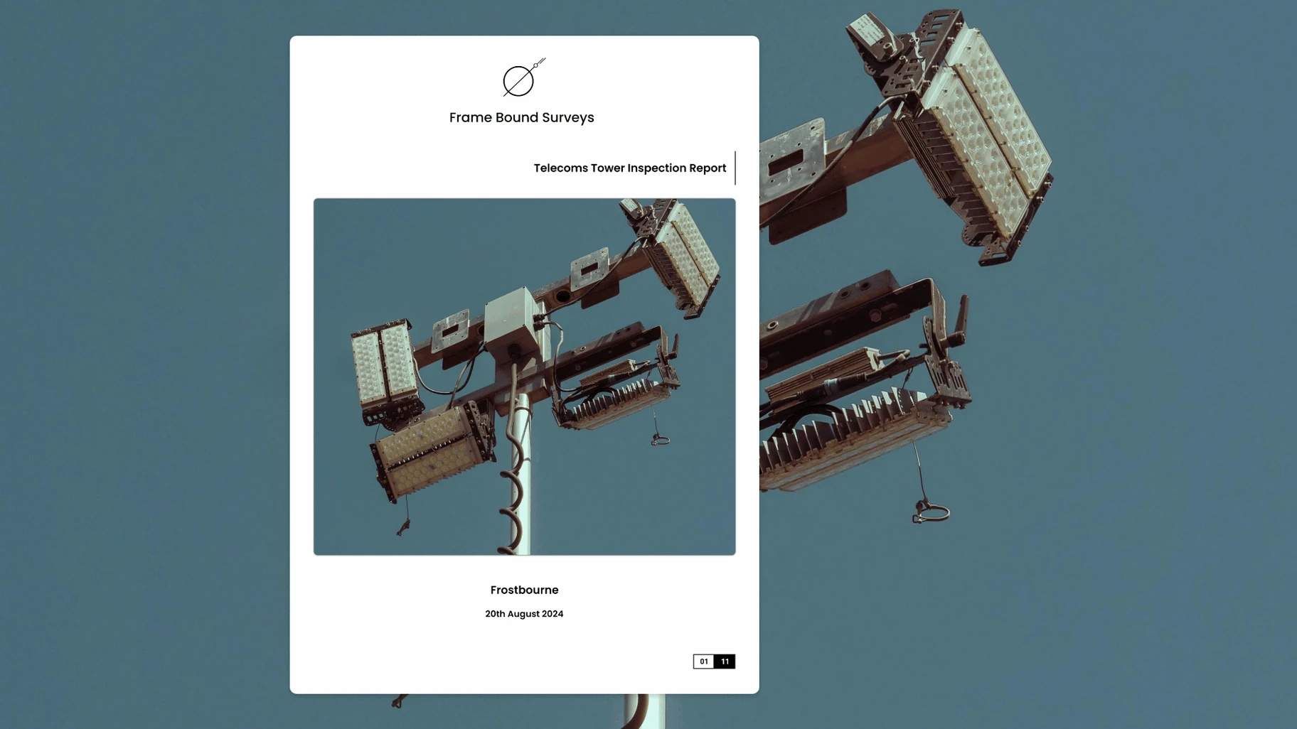 Cover page of a condition survey report for a telecoms tower inspection, prepared by Frame Bound Surveys