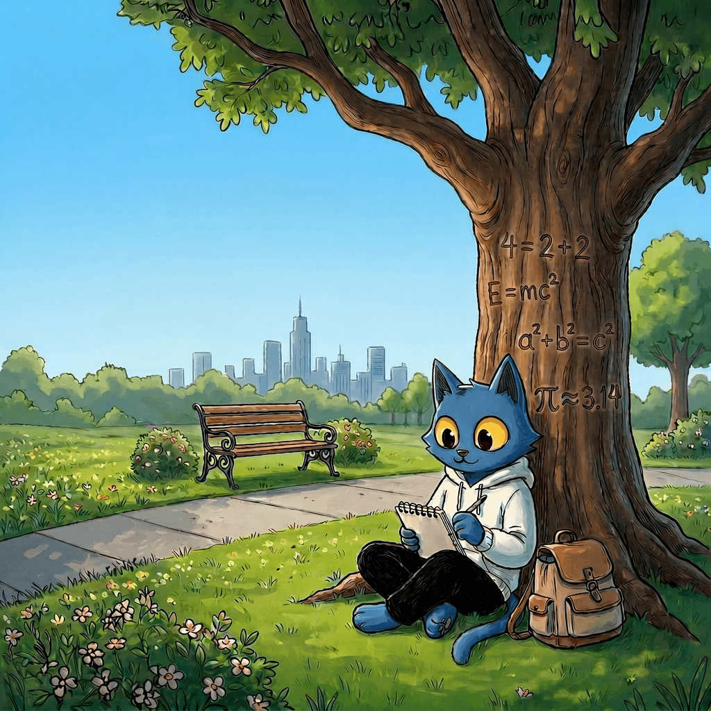 Blue cartoon cat in a white hoodie studying math under a tree in a park, with formulas carved into the bark