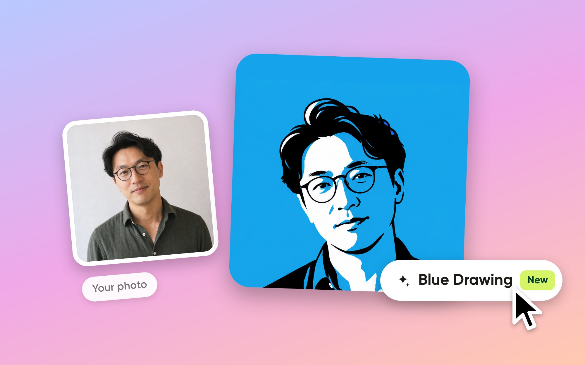 A man with glasses next to his Blue Drawing version: a bold ink portrait in black, white and sky blue