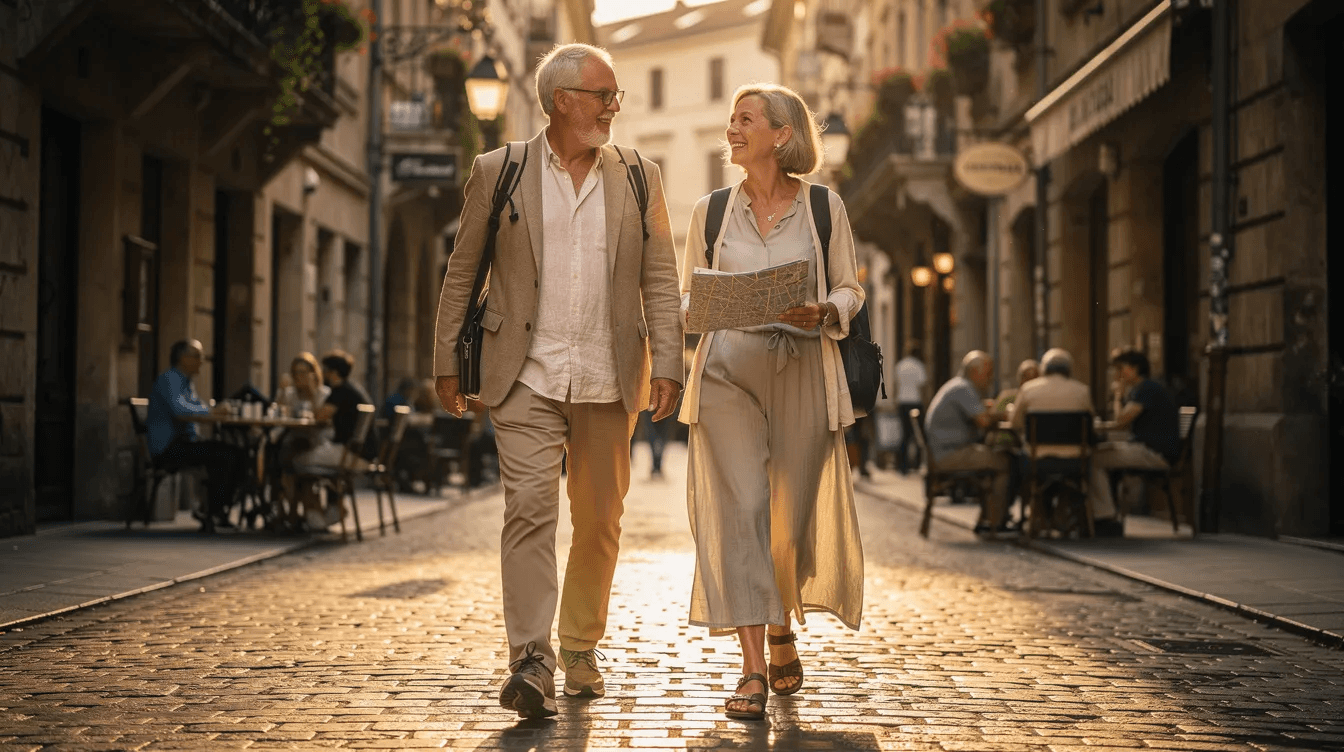 An elderly couple strolls hand in hand through a charming European city street, enjoying their retirement lifestyle and the freedom to travel extensively. Their smiles reflect the joy of having planned well for retirement, ensuring they can explore new places while relying on their retirement savings and social security benefits.