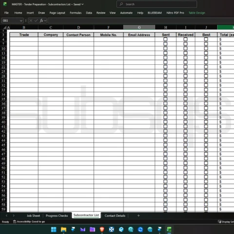 screenshot of microsoft excel workbook thats used for subcontractor contact and pricing details by SubsQS Ltd