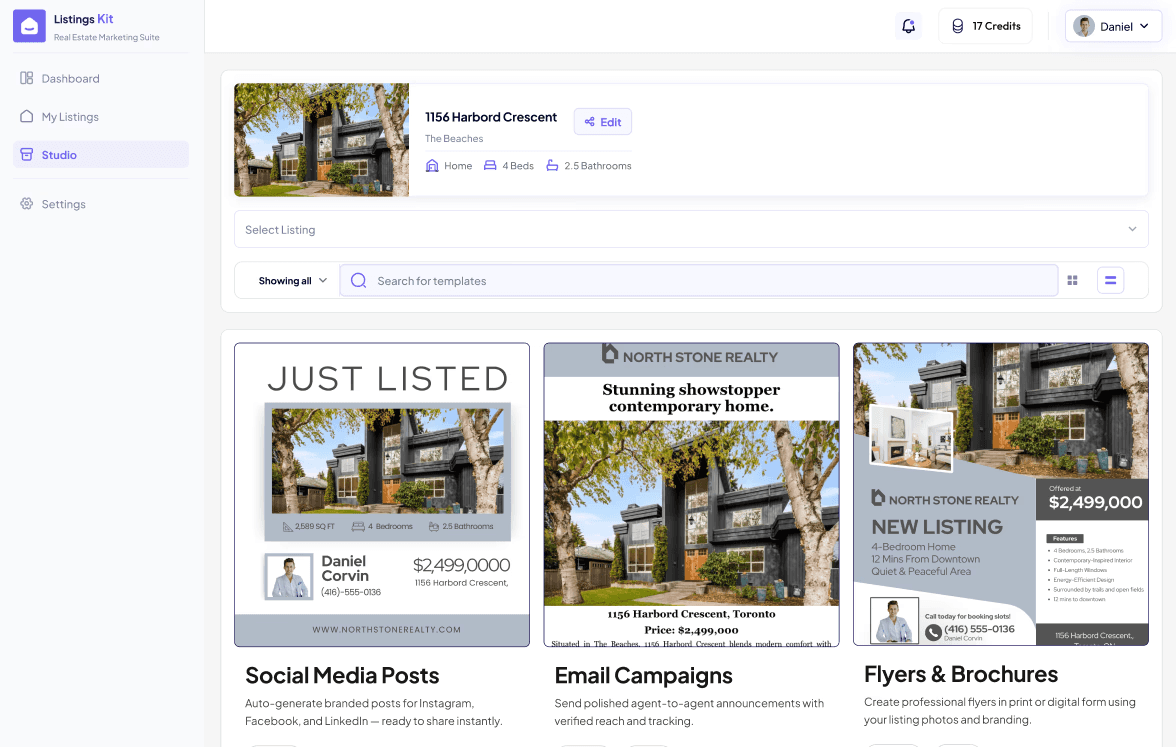 ListingsKit Studio interface displaying generated marketing assets including social posts, email campaigns, and flyers.