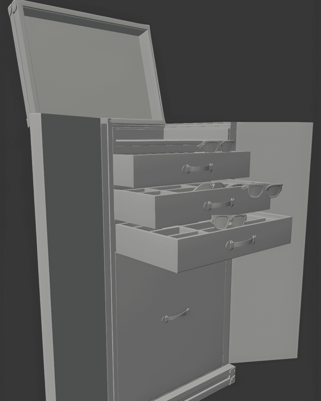 A grayscale 3D model shows an open cabinet with several drawers for displaying sunglasses.