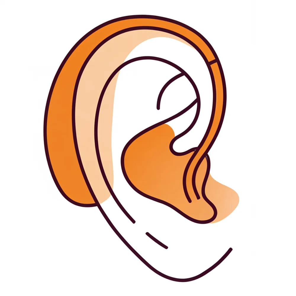 Close-up of a person's ear with a hearing aid visible behind it.