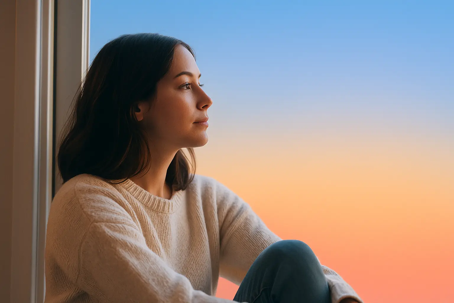 Femme assise près d'une fenêtre lors d'un levé de soleil