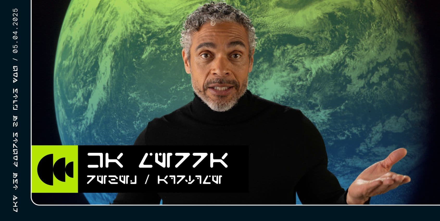 A man gestures in a video. A green planet is behind him. Text in the Aurebesh alphabet identifies him as Ka Merra, Rebel, Airtime.