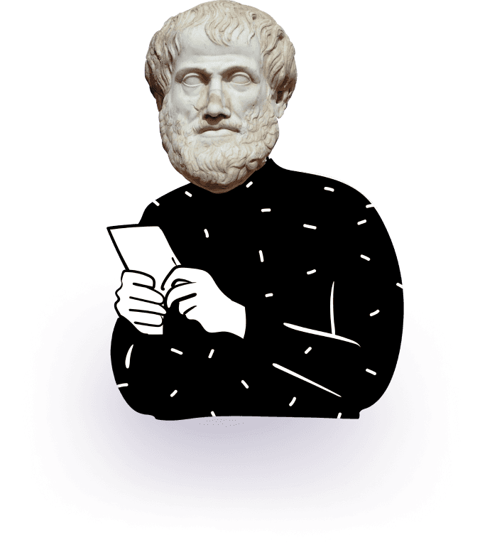 The Bust of Aristotle wearing an illustrated sweater and reading notes. 