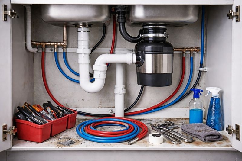 Kitchen sink drain and garbage disposal plumbing installed in a home in Calabasas, CA.