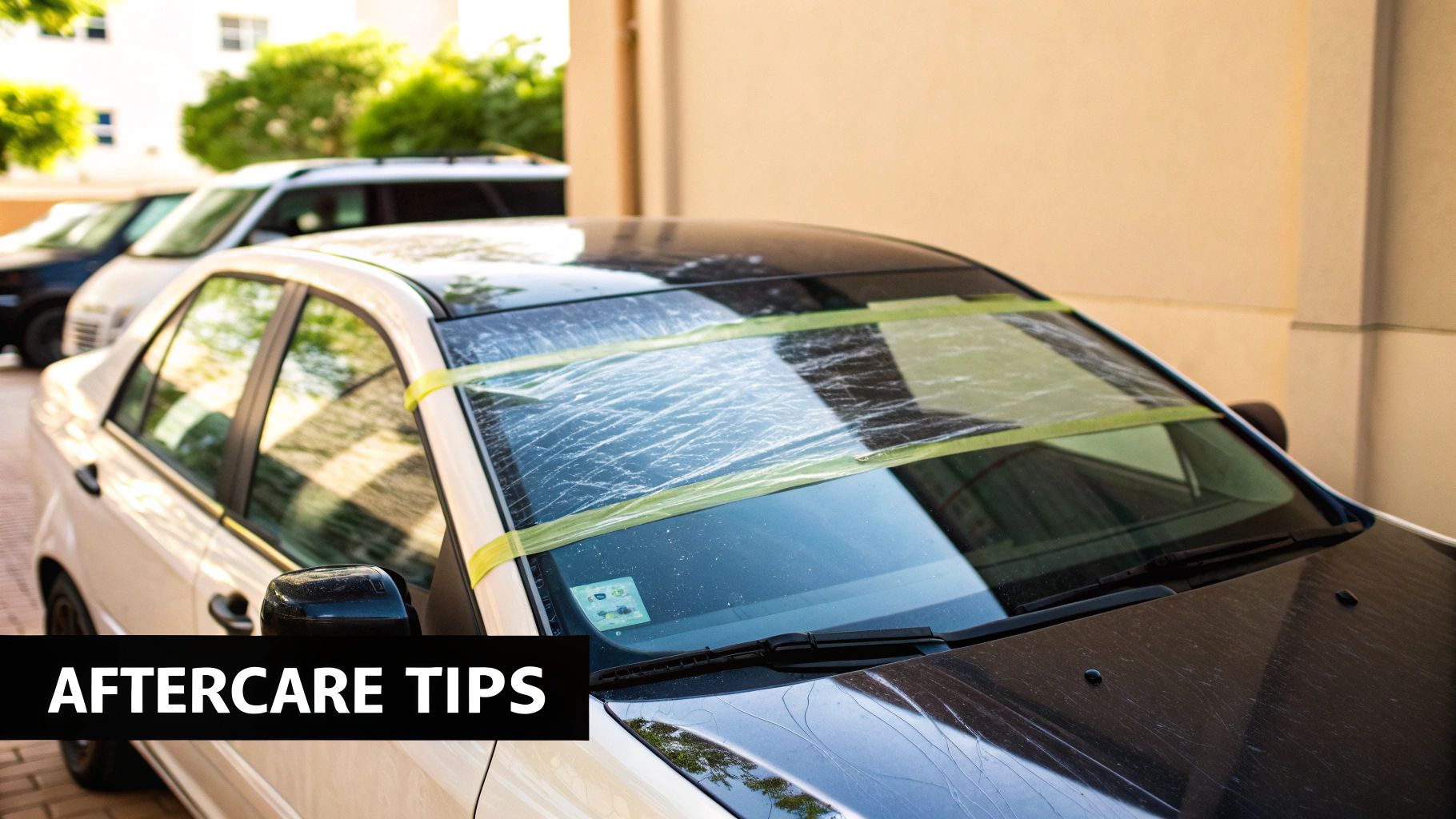 A person carefully wiping a clean car windshield with a microfiber cloth after a repair.