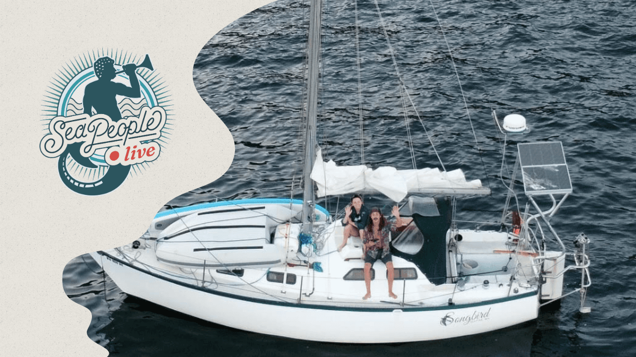 Cover image for the SeaPeople Live podcast featuring Luke from Sailing Songbird waving from his sailboat at sea.