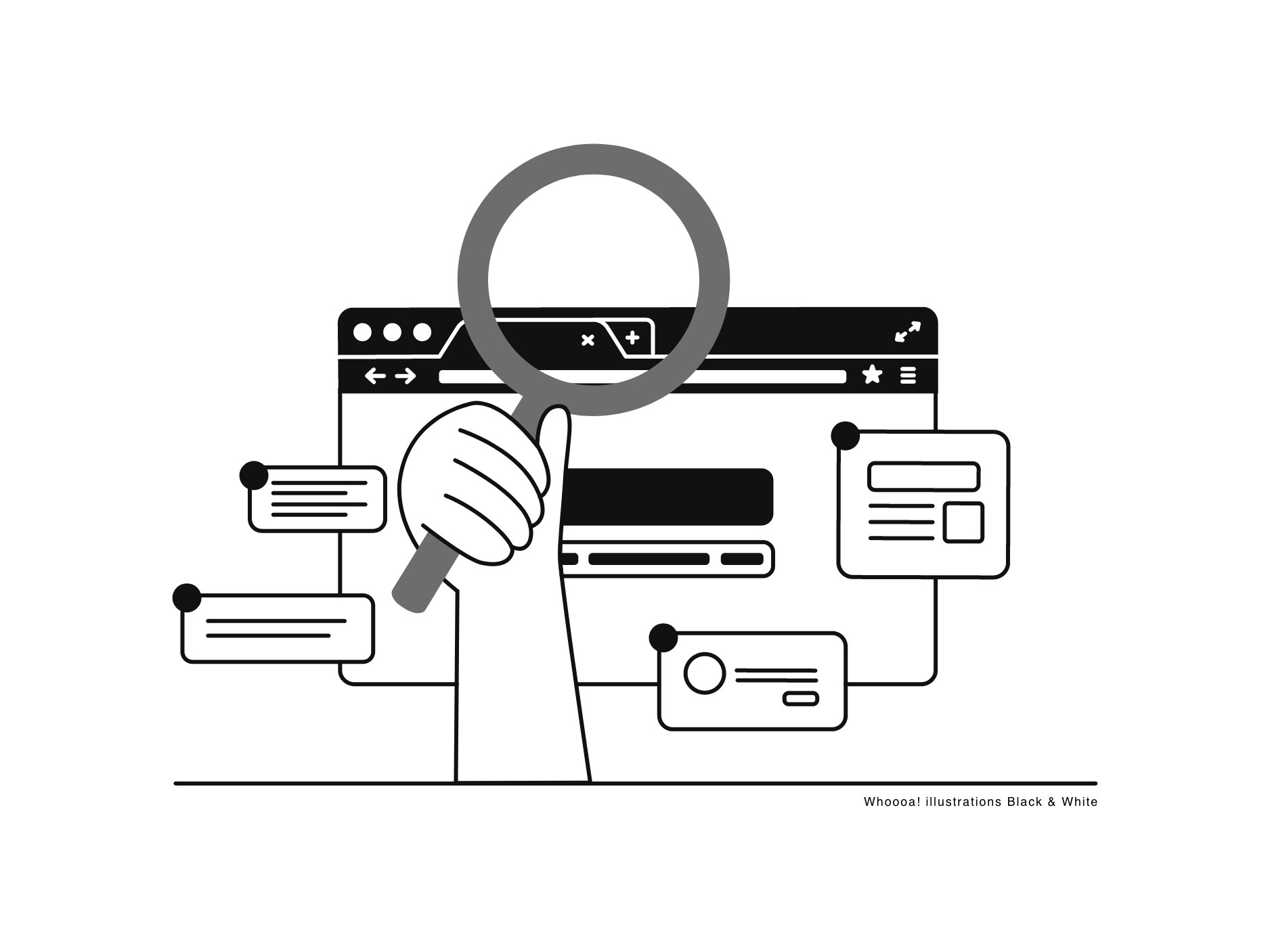 Black and white illustration of a hand holding a magnifying glass in the foreground, with a browser page in the background, symbolizing web search and email discovery.