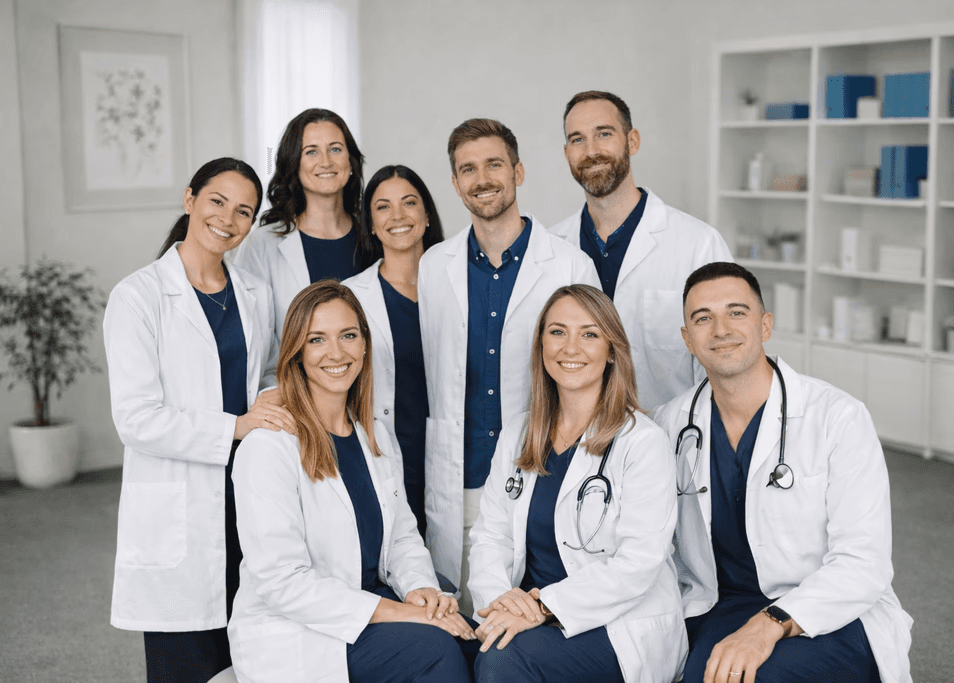 Smiling man wearing glasses and a pink shirt, showing his arm with a bandage after vaccination.