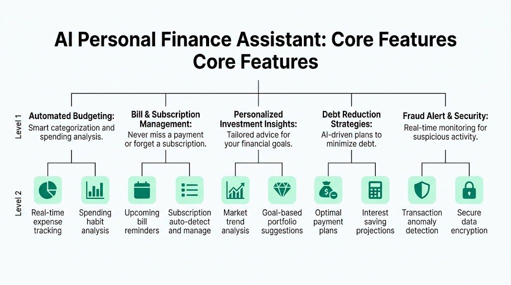 A hierarchical chart detailing the core features of an AI personal finance assistant application.