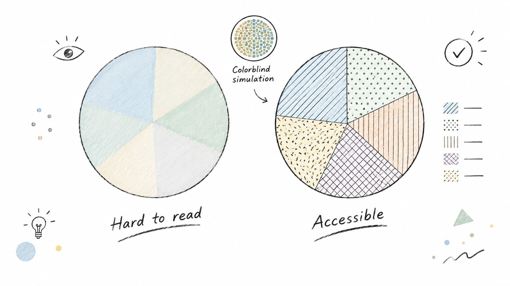 A comparison showing a hard to read pie chart versus an accessible pie chart with patterns.