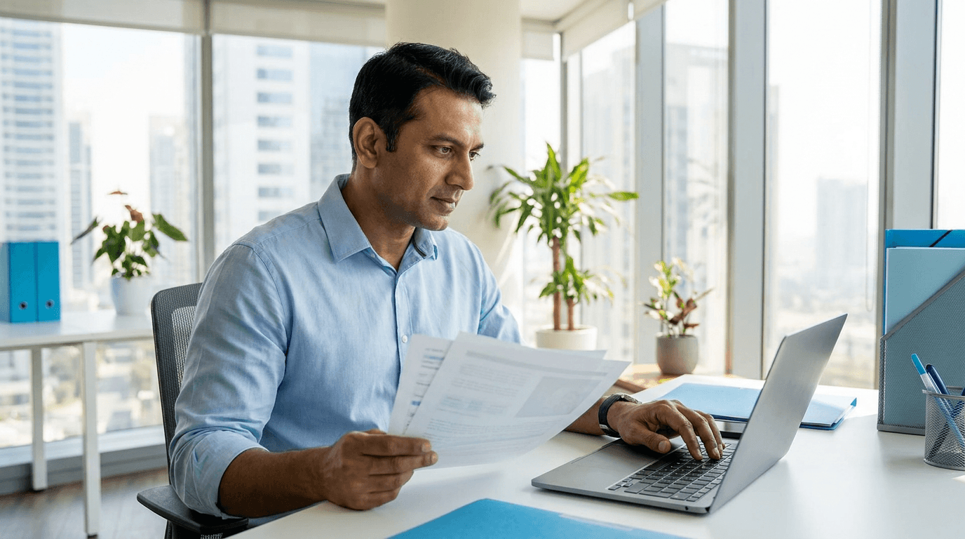 Professional man in a modern office, seated at a desk reviewing documents next to an open laptop and looking confident and focused; bright natural light and a clean background emphasize trust and clarity. The composition shows the subject as the clear focal point with plants and large windows softly visible in the background.