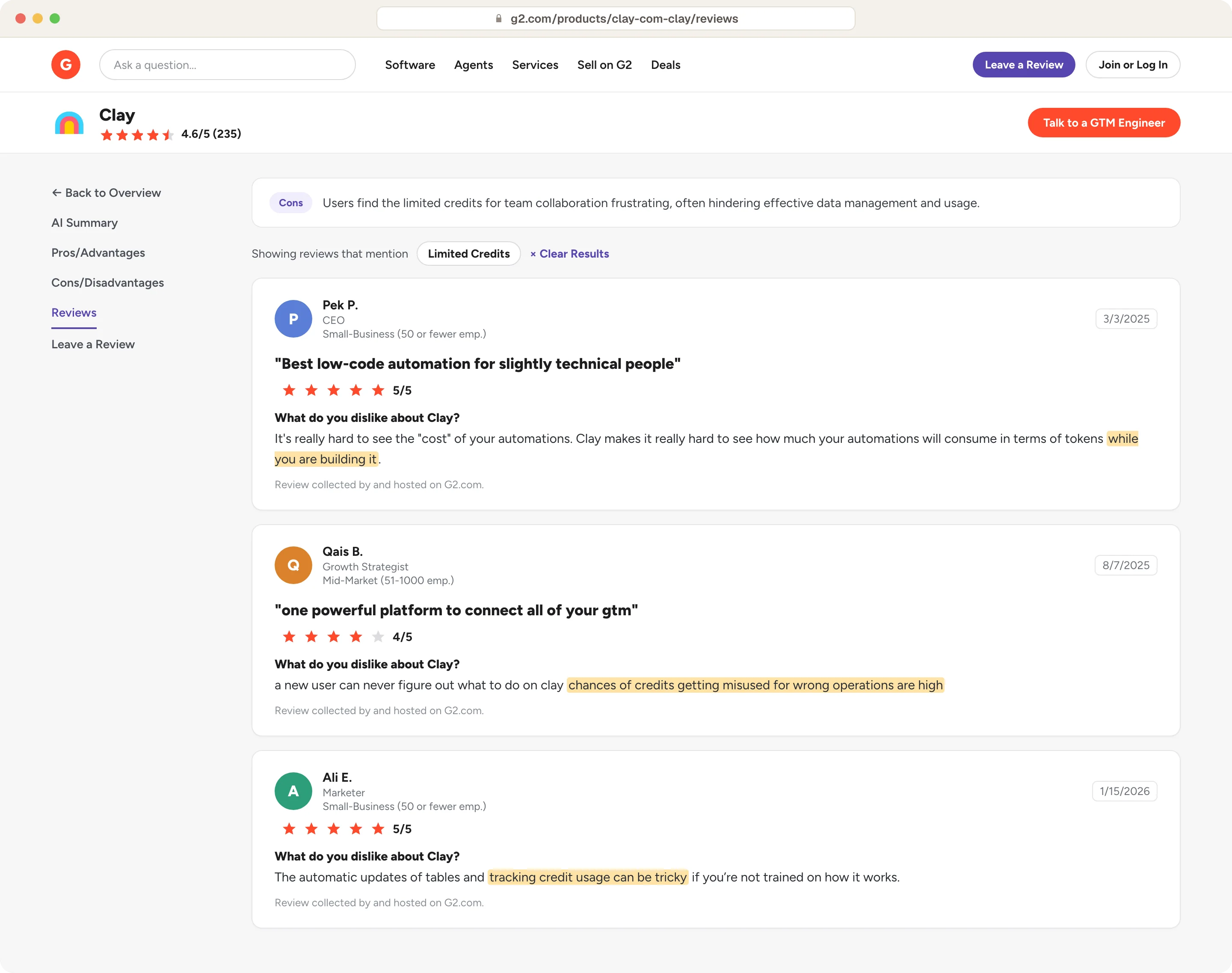 Three G2 reviews of Clay describing how hard it is to see and control credit usage while building