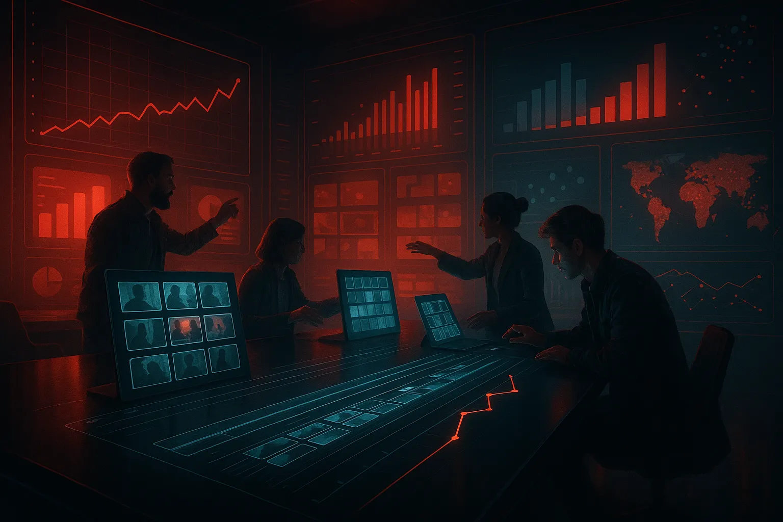 Team strategizing with digital marketing data at RockN' Socials agency.