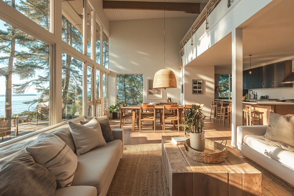Modern apartment interior in India with open-plan living and dining area, large glass windows, natural sunlight, and premium contemporary design.