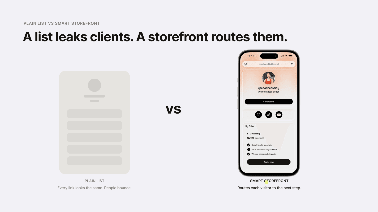 A bright biobar.ai storefront beside a dull plain list of links