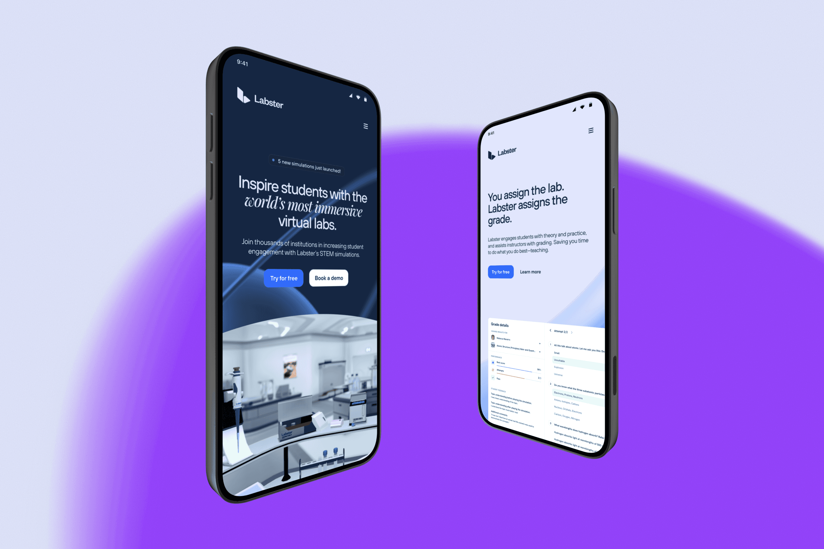 Mockup of a rebranded Labster home page shown in two mobile devices.