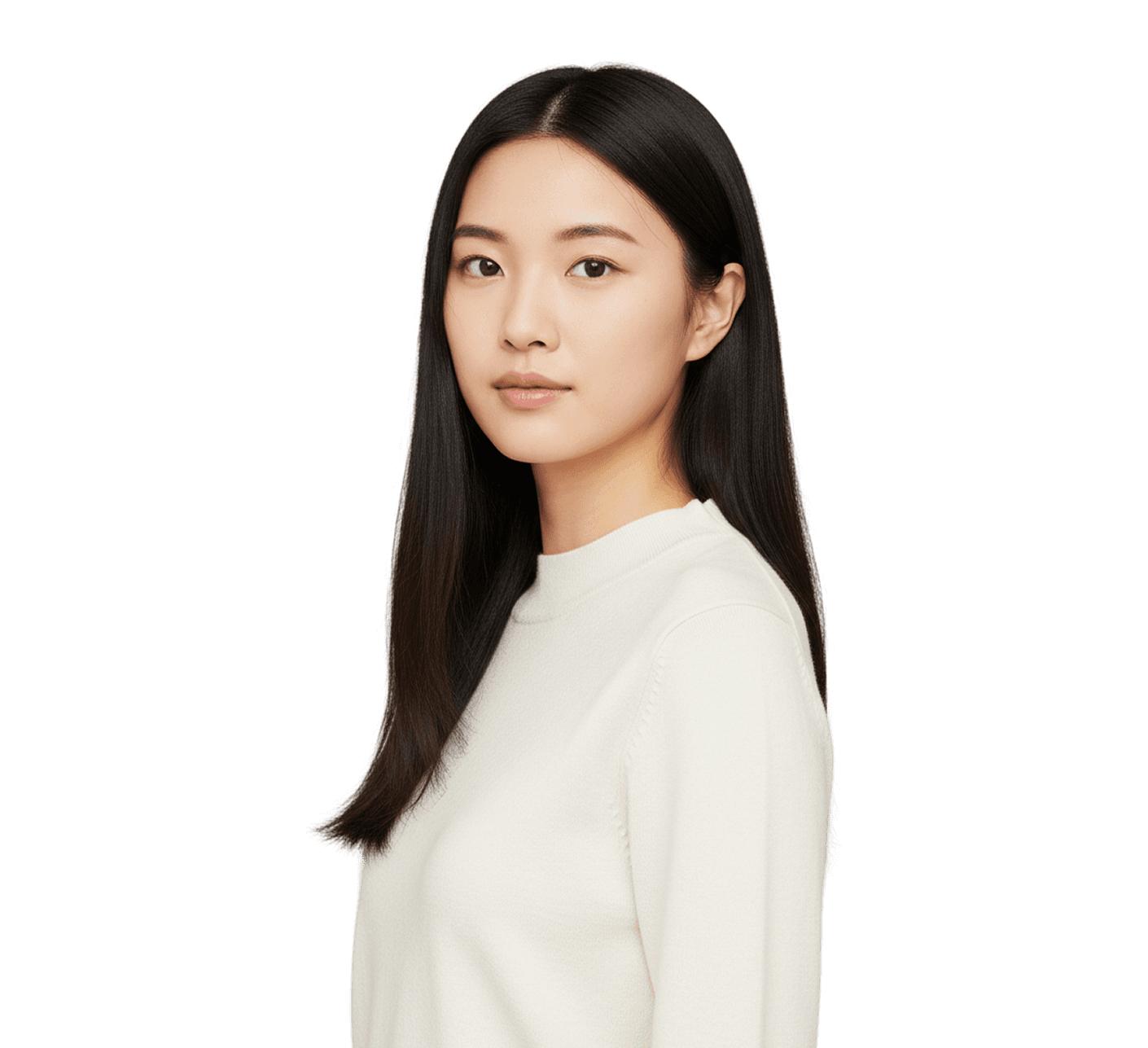 Young Asian woman with long dark hair wearing a cream-colored sweater, looking at the camera.
