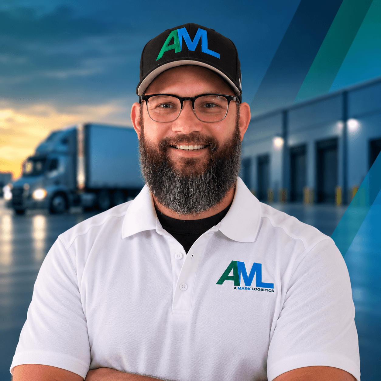 Richie Keane wearing Amark Logistics branded clothing with a truck and loading facility in the background.