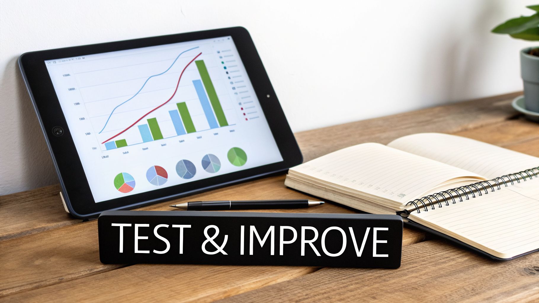 A tablet displaying business charts, an open notebook, and a 'TEST & IMPROVE' sign on a wooden desk.