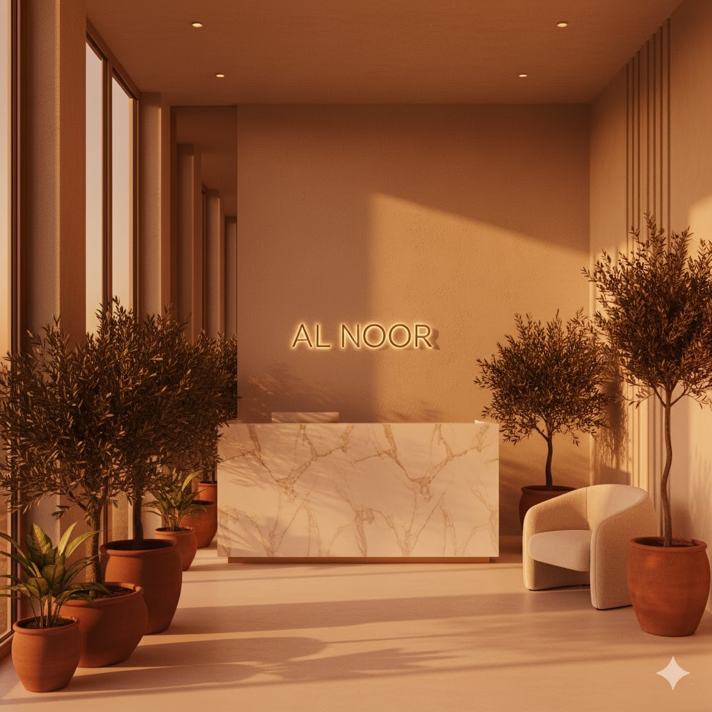 A serene and elegant spa space with wooden reclining chairs and white cushions. Golden sunlight filters through a cascading water feature, creating a peaceful atmosphere. Tropical plants and candles add to the relaxing ambiance.