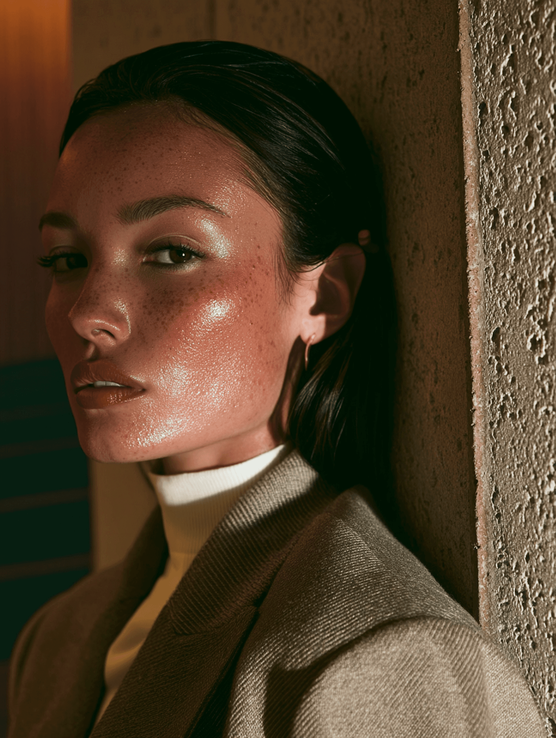 Close-up portrait of a person with freckles, luminous skin, and a beige coat, leaning against a textured wall in soft lighting.