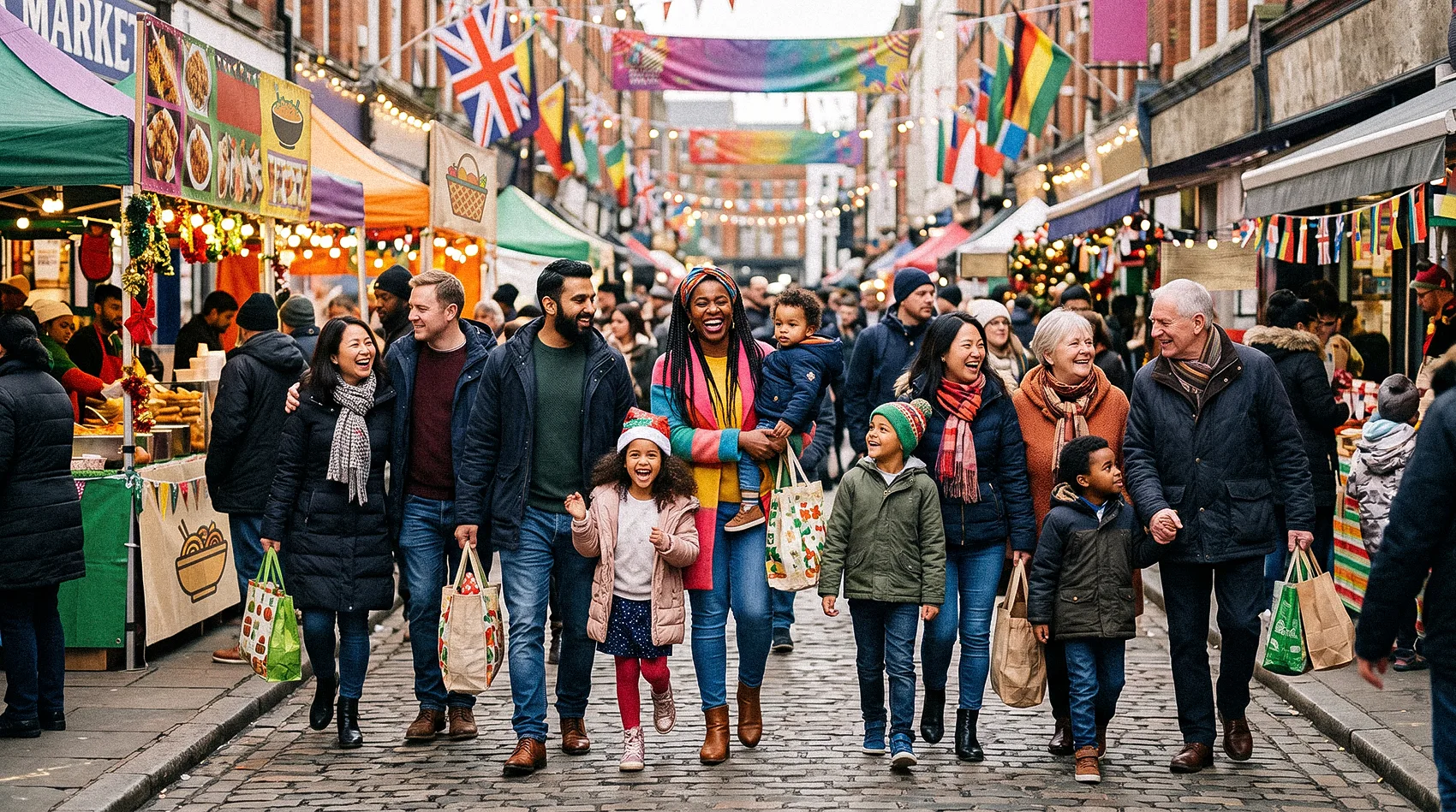 DEI diverse families shopping together at festive multicultural street market with international flags.