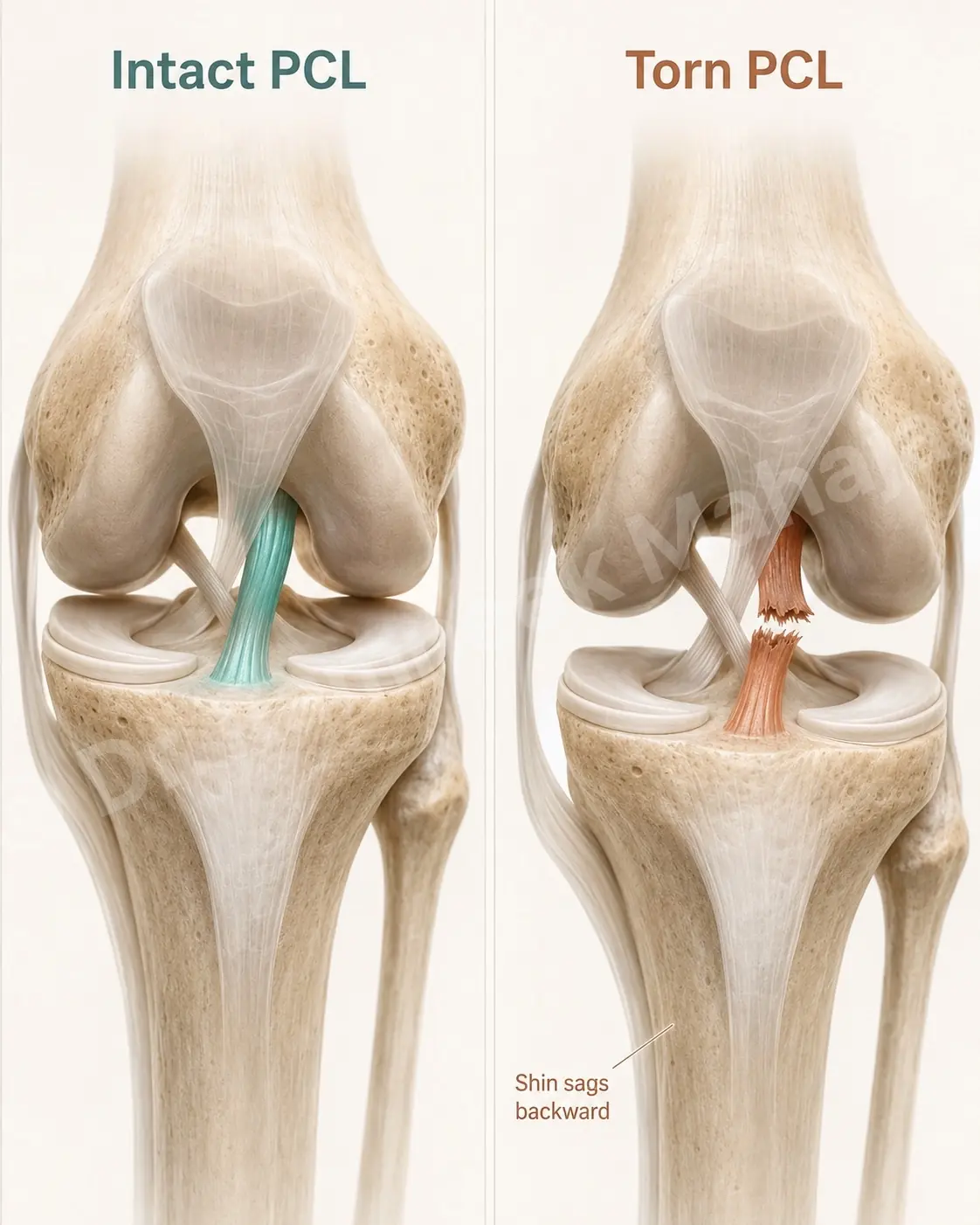 An intact PCL holds the shin in line; a torn PCL, deep at the back of the knee, lets the shin sag backward.