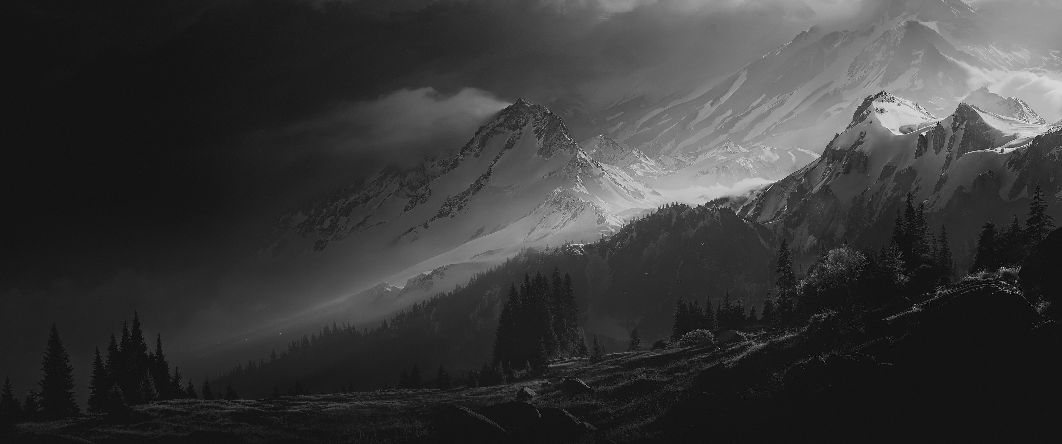 Illustration of mountains and alpine meadows
