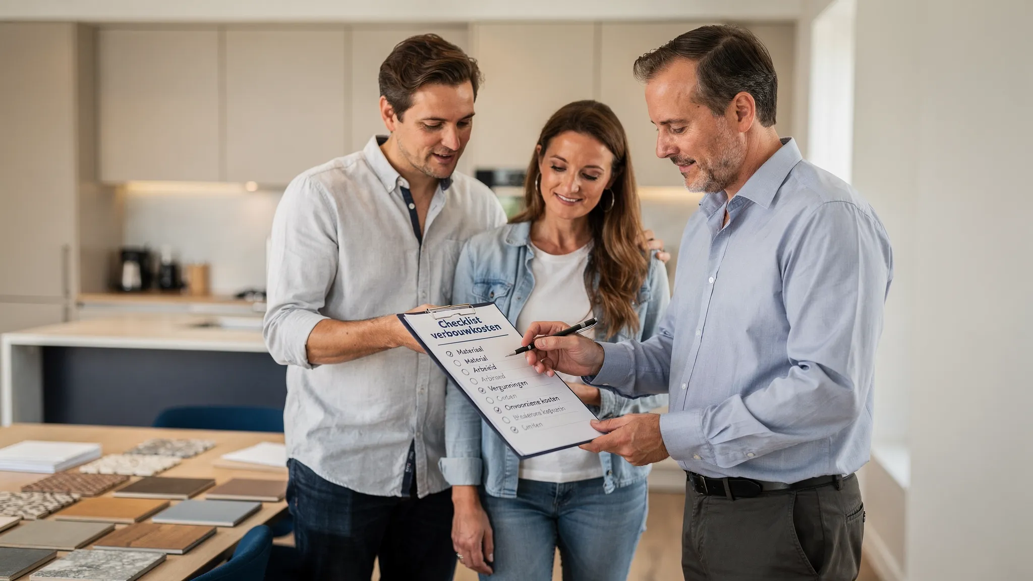 Een koppel in een modelwoning bekijkt samen met een adviseur een checklist met kostenposten; op de achtergrond zie je een keuken en stalen van vloeren en tegels op tafel.