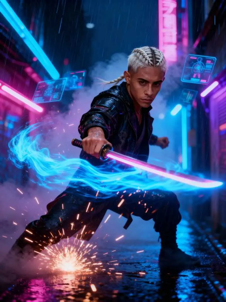 sora2 cyberpunk fighter energy slash action scene