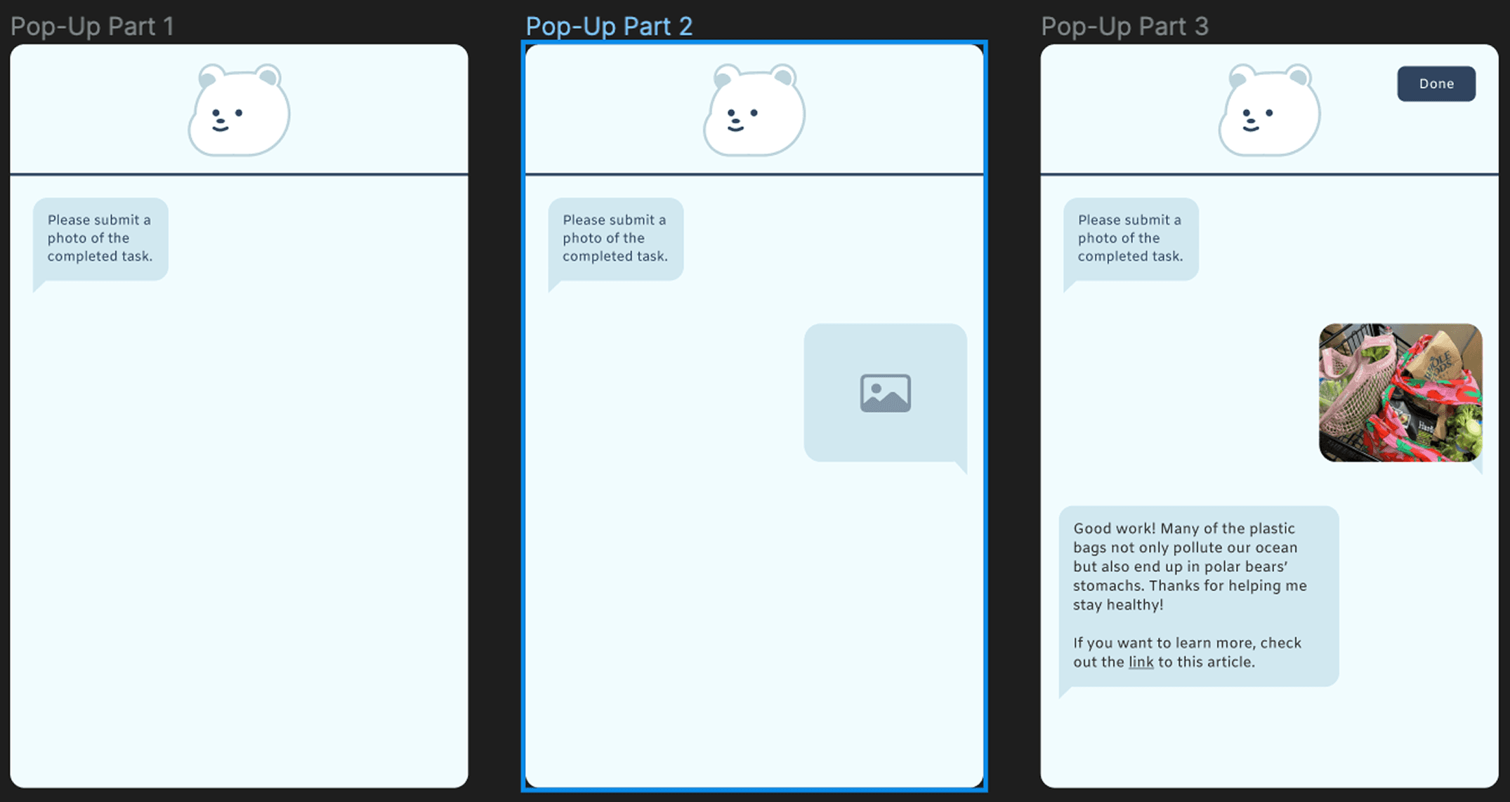 Three frames showing the progression of an app task being completed.