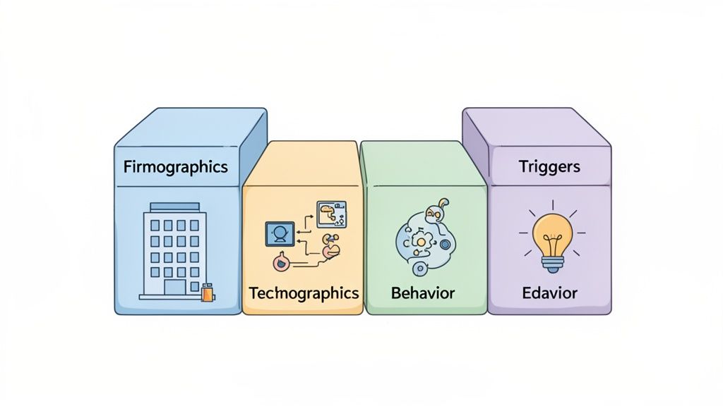Four blocks illustrate ideal customer profile components: Firmographics, Technographics, Behavior, and Triggers.