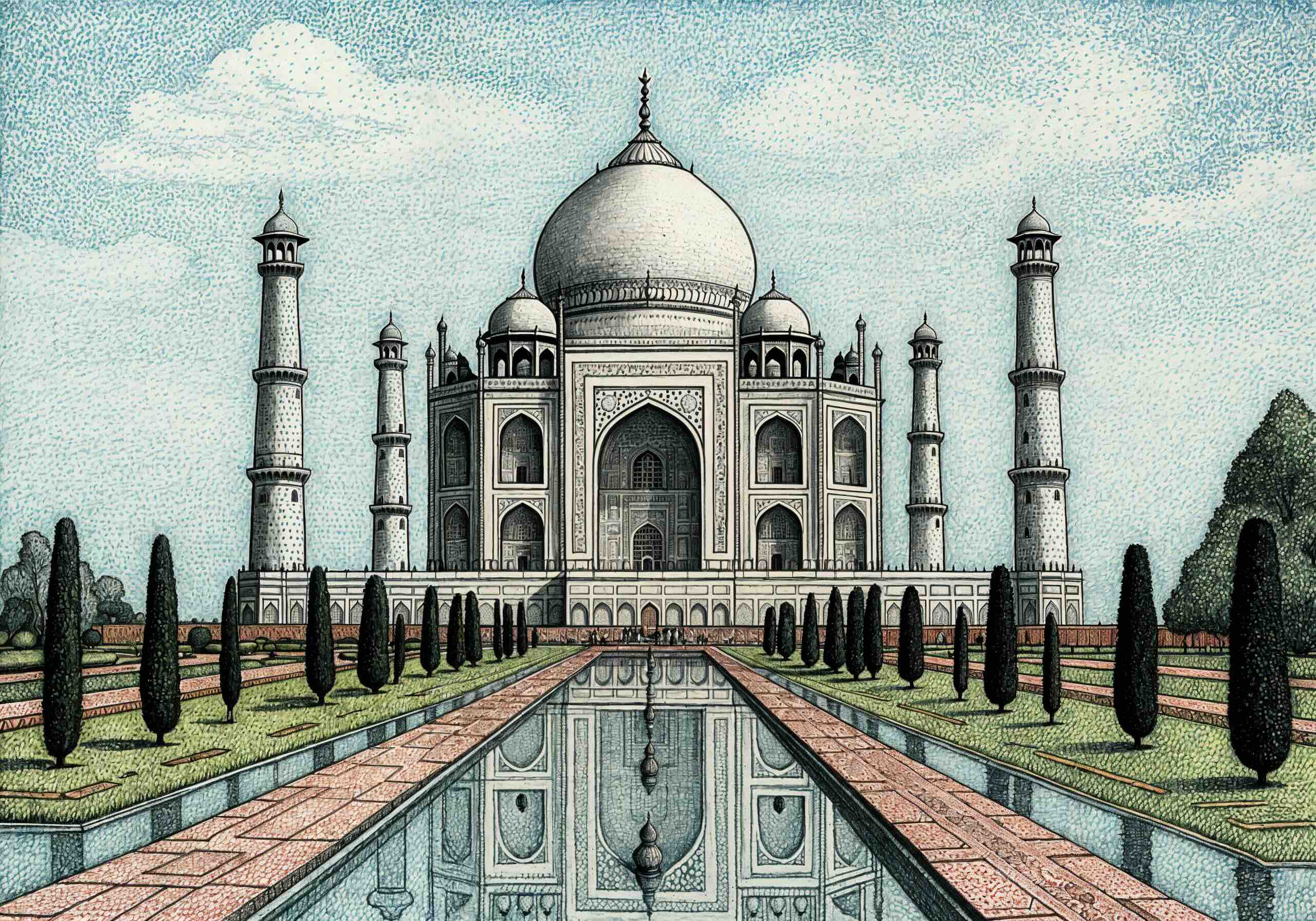 Detailed illustration of the Taj Mahal in India, showcasing its iconic white marble dome, four minarets, symmetrical gardens, and reflecting pool in the foreground.