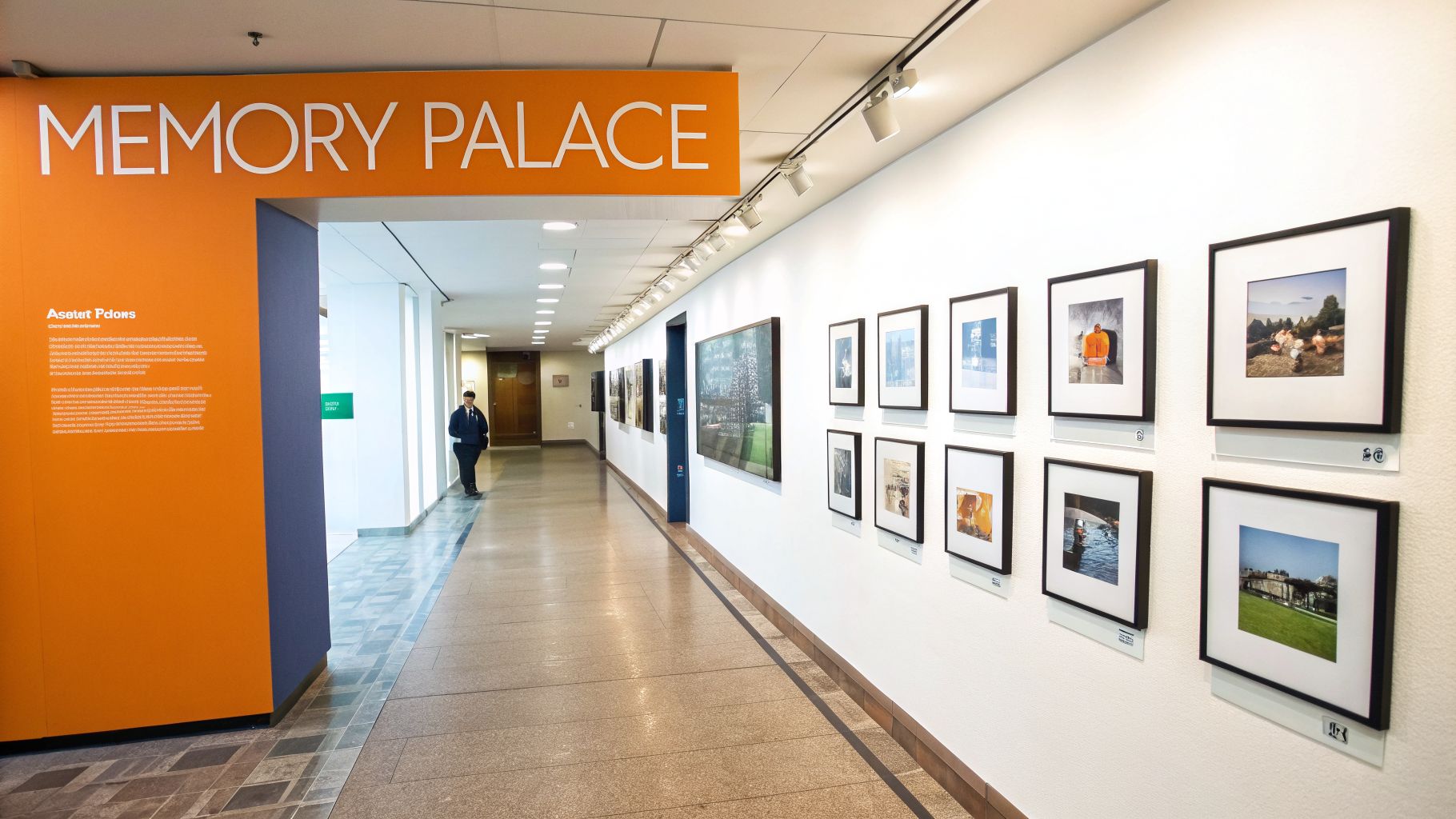 An art exhibition hallway with a 'MEMORY PALACE' sign, framed photos, and a person walking.