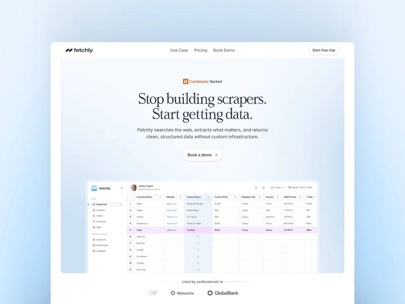 Website showcasing data extraction service with a demo dashboard preview.