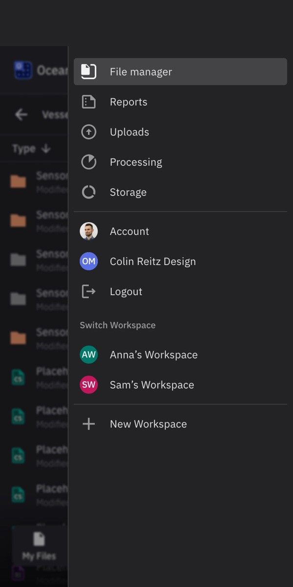 TrueOcean Marine Data Platform user menu on smartphone